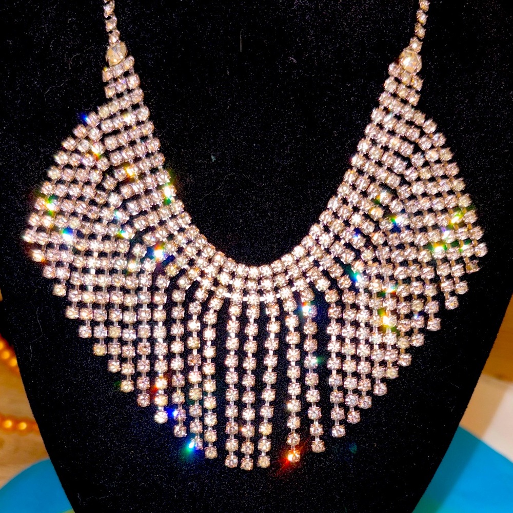 Vintage rhinestone, choker bib style, silver tone